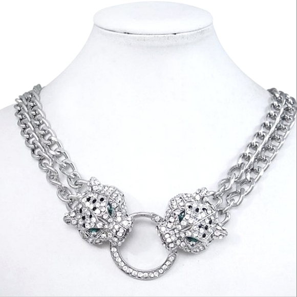 Silver Leopard Cheetah  Double Headed Exaggerated Statement Rhinestone Choker - Picture 3 of 8